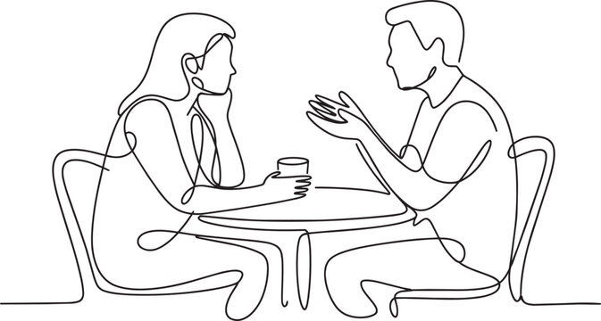 Couple having conversation over coffee at cafe table using minimalist continuous line art style