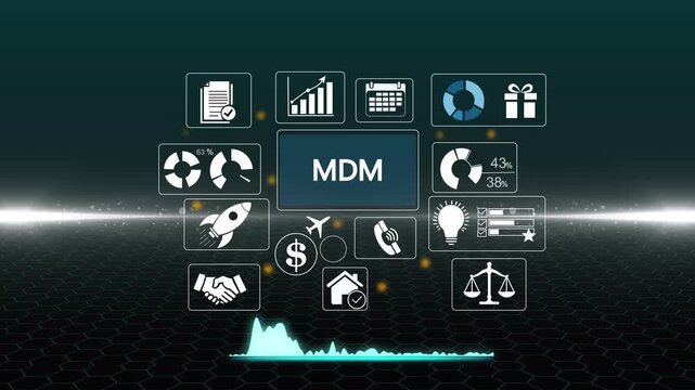 MDM concept with glowing neon icons and circuit board lines Keywords: MDM, Master Data