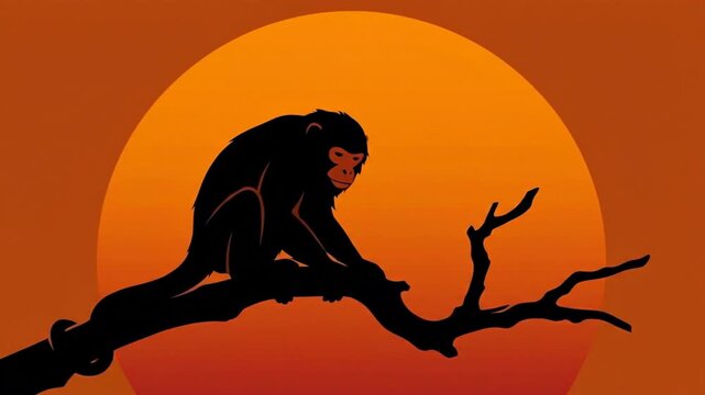 Serene primate silhouette on tree branch against cinematic orange sunset sun