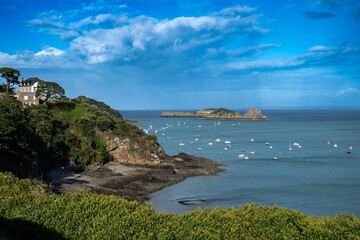 Naklejka premium Cancale à marée basse, montrant les maisons alignées le long du port, le rivage découvert et quelques petites embarcations dans l’eau sous un ciel contrasté.