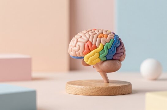 Human Brain Model on Wooden Stand Displaying Cognitive Function and Neural Activity in Studio Setting