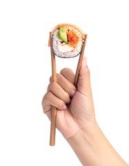 Sushi Roll Held by Chopsticks on White Background.
