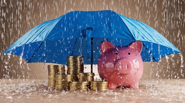 Piggy bank and gold coins protected by blue umbrella in rain financial security concept