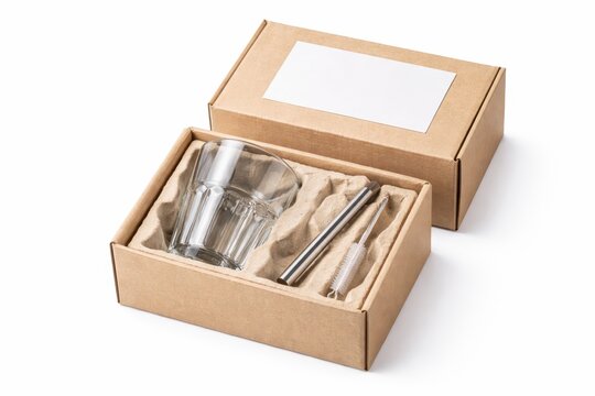 Faceted glass tumbler with metal straw in premium kraft box packaging open with molded insert retail product mockup studio photo isolated on white