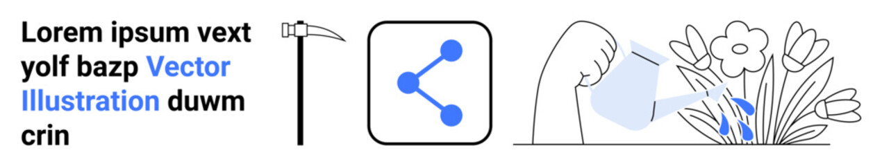 Gardening, social media, teamwork, sustainability, communication, nature. Tools for gardening, a sharing icon and plants being watered. Gardening and social media concepts showcased © robu_s