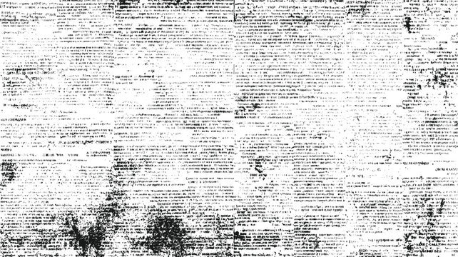 Black and white distressed textured background of dense newspaper print with scattered ink splatters and smudges