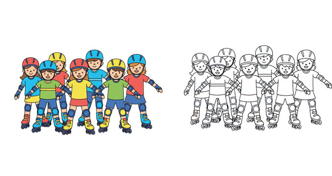 Group of happy children roller skating with safety gear vector illustration. Cute kids team on roller skates with helmets. Color and black and white outline coloring page style isolated.