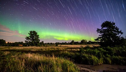 Aurora Borealis Over Star Trails in a Rural Landscape.