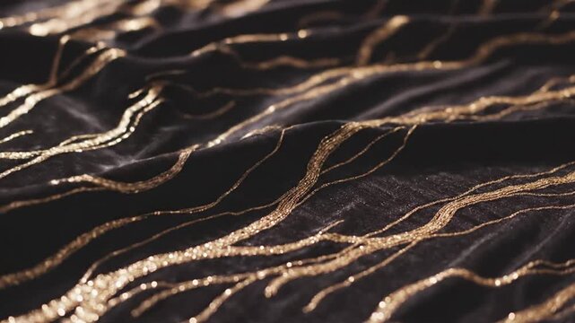 Black velvet fabric draped with shimmering golden strands, flowing wavy lines