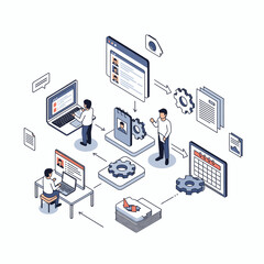 Isometric illustration of web development process with developers working on computers and collaborating.