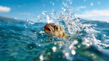 Obraz premium Dynamic Closeup of Fish Breaking Pristine Sea Surface in Vibrant Sea Water