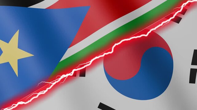 Two waving flags South Sudan and South Korea with diagonal lightning seamless, 4k loop