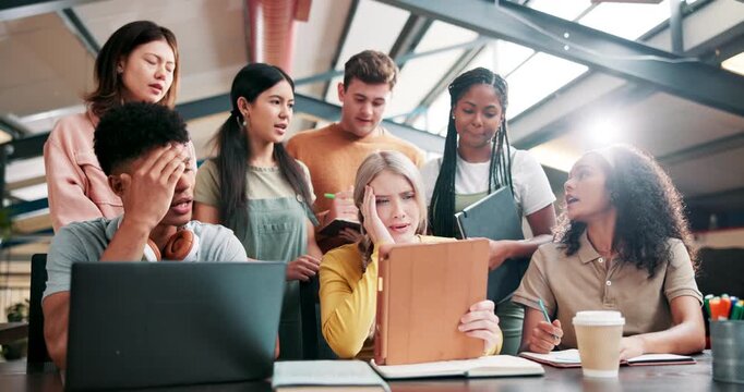 Students, stress and frustrated for test mistake, assessment results with fail and check mark on tablet. Upset, anxiety and disappointed people for bad grades with lens flare and sad over exam crisis