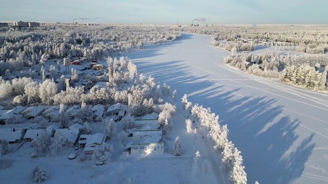 Aerial view of river Oulujoki in winter, Oulu Finland