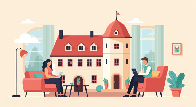 Two people work on laptops in a cozy living room with a castle-like building behind them