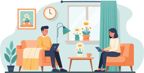 Two people work on laptops in a cozy living room