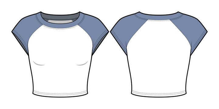 Color Contrast Slim Fit Short Sleeve Raglan Round  Neck T- shirt- Front and Back View-Technical Illustration- CAD Vector illustration	