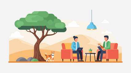 Naklejka na ściany i meble Two people with pets and laptops in a relaxed outdoor setting