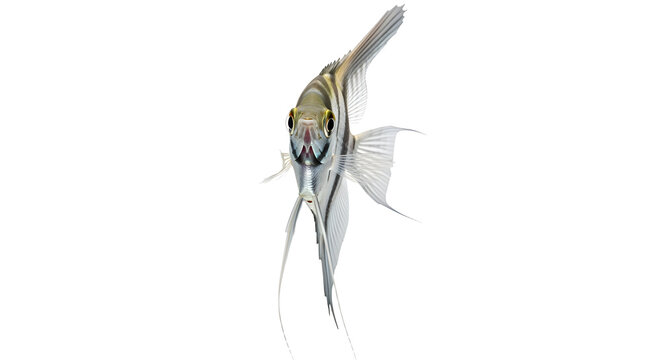 Threadfin fish swimming upwards with flowing fins and shiny scales on isolated white background