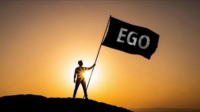 Egos Victory Silhouette of Triumph at Sunset with Black Flag Waving.