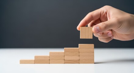 Hand Placing Wooden Block on Small Staircase of Blocks on White Surface for Success Concept