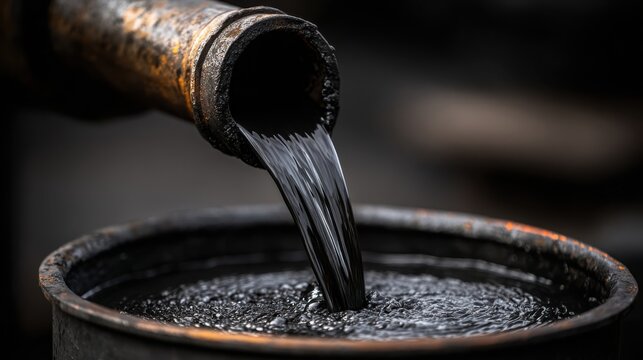 Viscous black crude oil flowing from a rusty pipe into a dark container, representing industrial extraction and energy production.