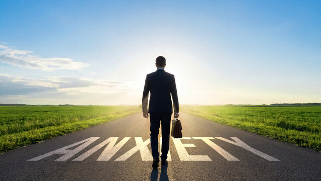 Man walking on a road with the word anxiety written, businessman journey forward into light, overcoming challenges and personal growth metaphor, psychological concept
