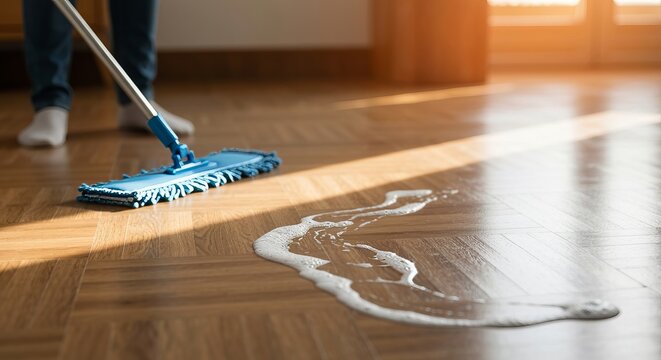 Mop Cleaning a Dirty Kitchen Floor with Detergent, Sparkling Clean Tile and Wooden Plank Flooring