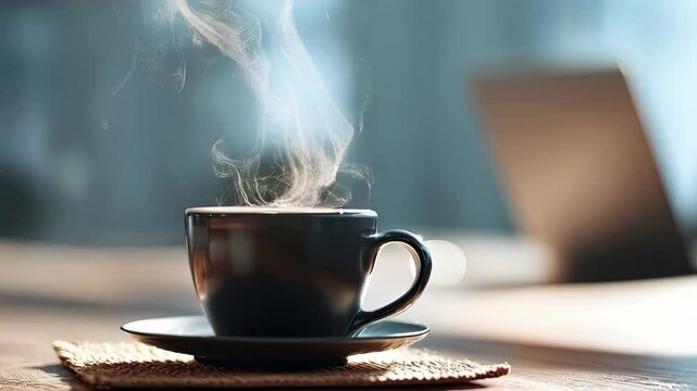 Steaming hot coffee cup on wooden desk with blurred laptop in background