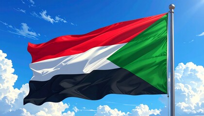 The Sudanese Flag Waving Proudly Against a Blue Sky.