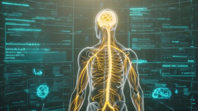 4K video, semi-transparent human figure inside digital grid environment, glowing nervous system golden cyan pulses, electric currents traveling nerves, camera traveling body veins nerves, AR holograph