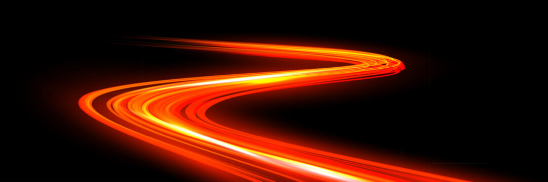 Light speed curve trail. Dynamic curved streaks of glowing red and orange light on dark background create fast motion effect. Smooth bright lines form energetic shape. Abstract vector illustration.
