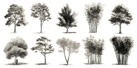 Collection of ten detailed grayscale of various trees and bamboo clusters on a white background monochrome