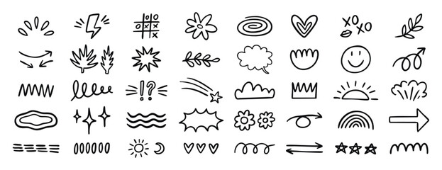 Playful kids doodle elements set with icons and cute shapes. Monochrome line art, hand drawn.