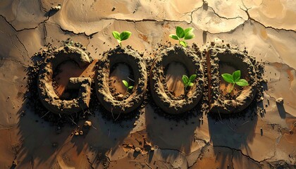 The word GOOD spelled out in dirt with small plants growing in each letter.