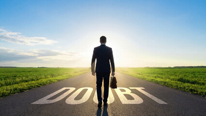 Businessman walking towards the horizon on road with 'doubt' text, concept of overcoming challenges and moving forward, determination and motivation journey leadership growth success concept