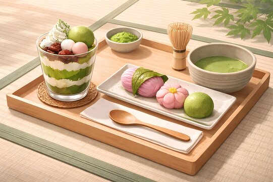 Traditional green tea and seets served in a peaceful tea setting.