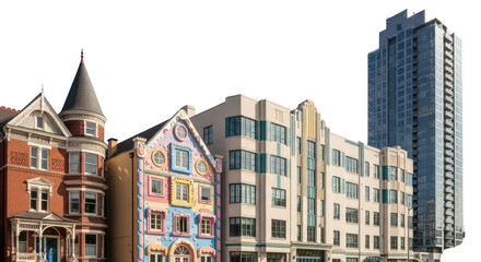 Obraz premium Contrasting architectural styles in urban landscape isolated on transparent background