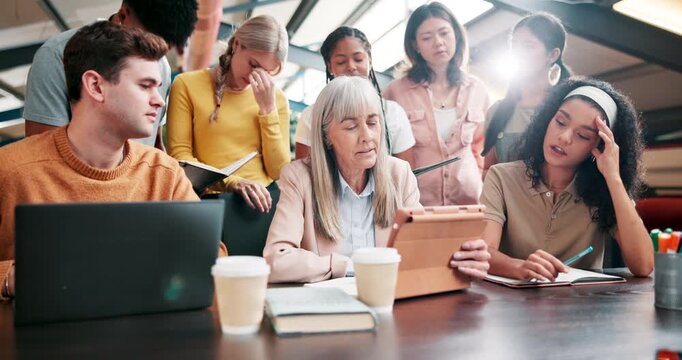 Students, teacher and frustrated in communication with tablet for exam feedback, mistake and fail. Diversity, people and stress with tech at desk for university project, online results and problem