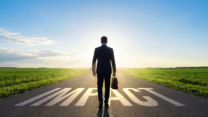 Businessman walking on rural path with IMPACT text on road, career growth journey and success in professional world outdoors, sunny day and horizon symbolizing motivation and ambition concept