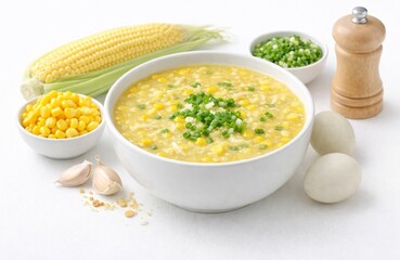 Commercial stock food photography of a bowl of corn soup served in a clean white ceramic bowl, filled with sweet corn kernels, silky egg drop texture, and light chicken broth. 