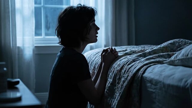 Young Woman Kneeling and Praying by Bed at Night