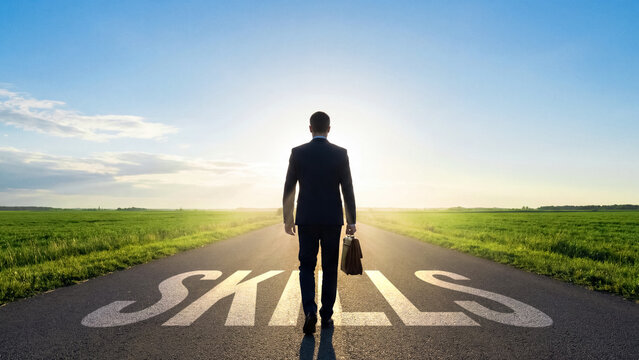 Businessman walking on open road at sunrise holding briefcase with skills text, concept of career development and journey towards growth, motivation and aspiration in professional success concept