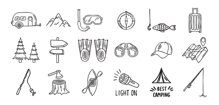 Camping and hiking set fishing rod axe flashlight mountains trees map flippers binoculars suitcase cap, hand drawn doodle line art monochrome hand drawn