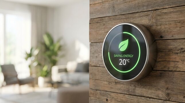 Smart thermostat displaying energy-saving mode and mounted on wooden wall in modern home