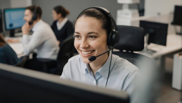 Smiling Customer Service Representative Wearing a Headset in a Call Center.
