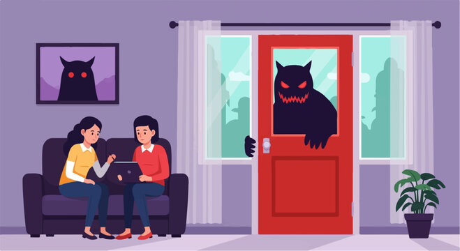 Two people sit on a couch in a living room, a monster lurks outside the door