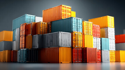 Fototapeta premium A stack of colorful shipping containers on a gray surface against a dark background