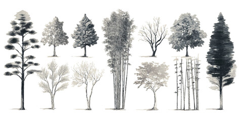Collection of diverse trees and bamboo stalks rendered in grayscale watercolor style forest nature 3