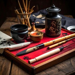 Traditional Chinese Calligraphy Tools Arranged on a Red Tray.